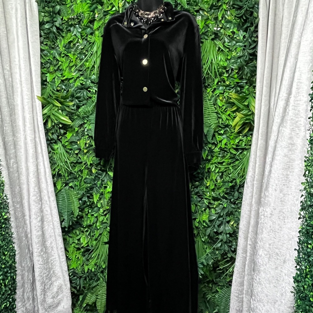 Armani Exchange Jumpsuit Medium Black Velvet Wide Leg Long Sleeve Gold Trim 3865